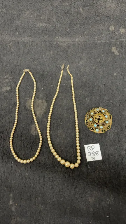 1920’s Czech Peking Blue Crystal Filigree Broach and 2 Vintage Pearl Necklaces with Fishhook Clasp