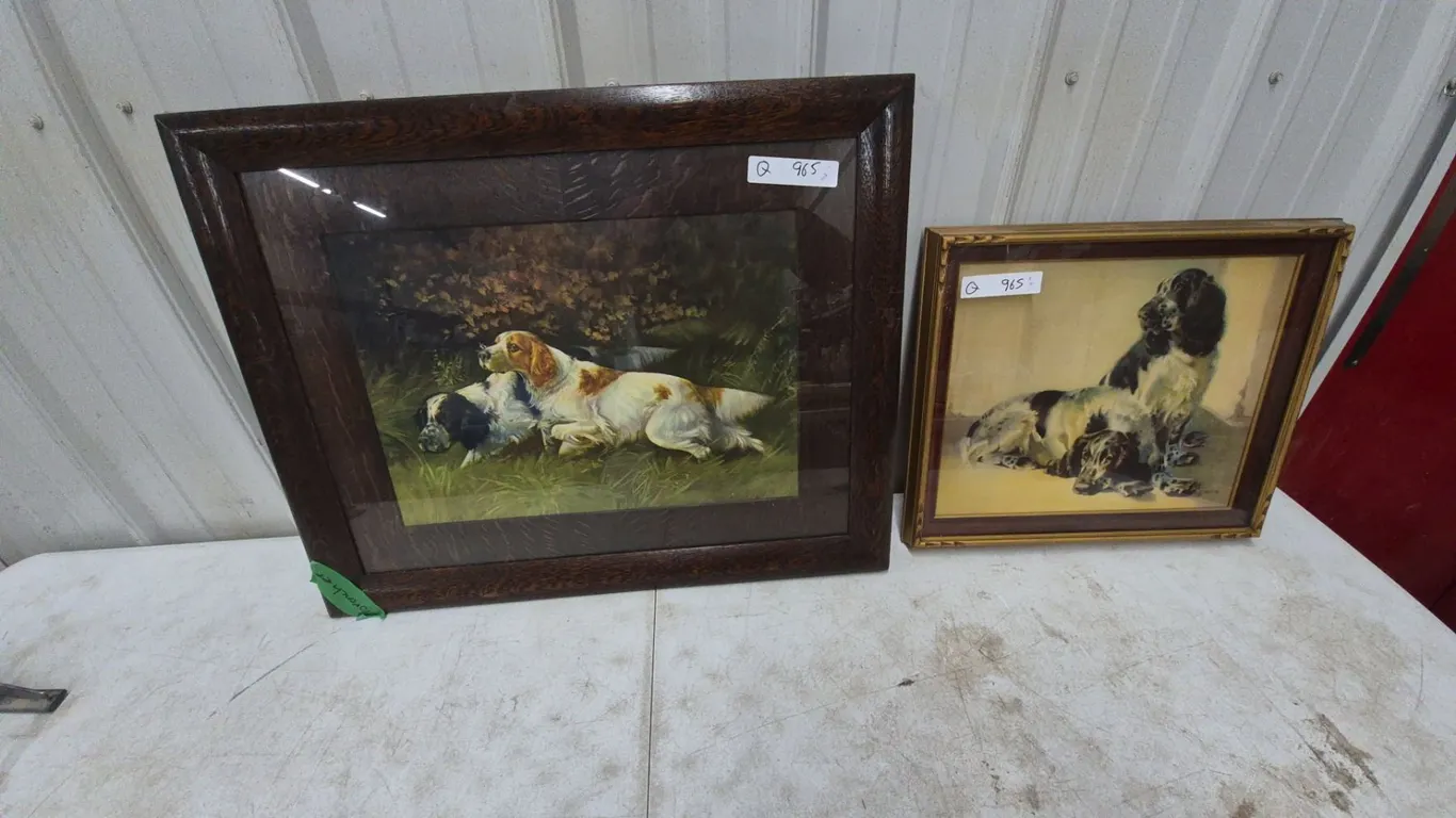 Two Framed Prints of Dogs: Larger Print 22”×27” of Two Setters, Smaller Print of Three Spaniels