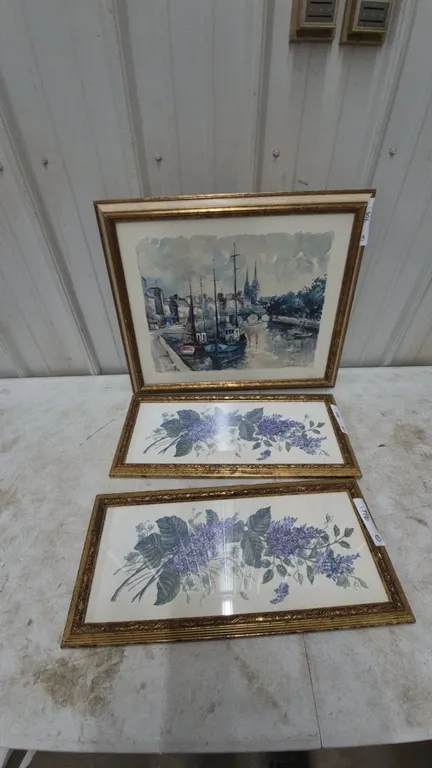 Three Framed Prints: 1 Harbor Scene, 2 and 3 Floral Lilac Bouquets biggest 19”×22”