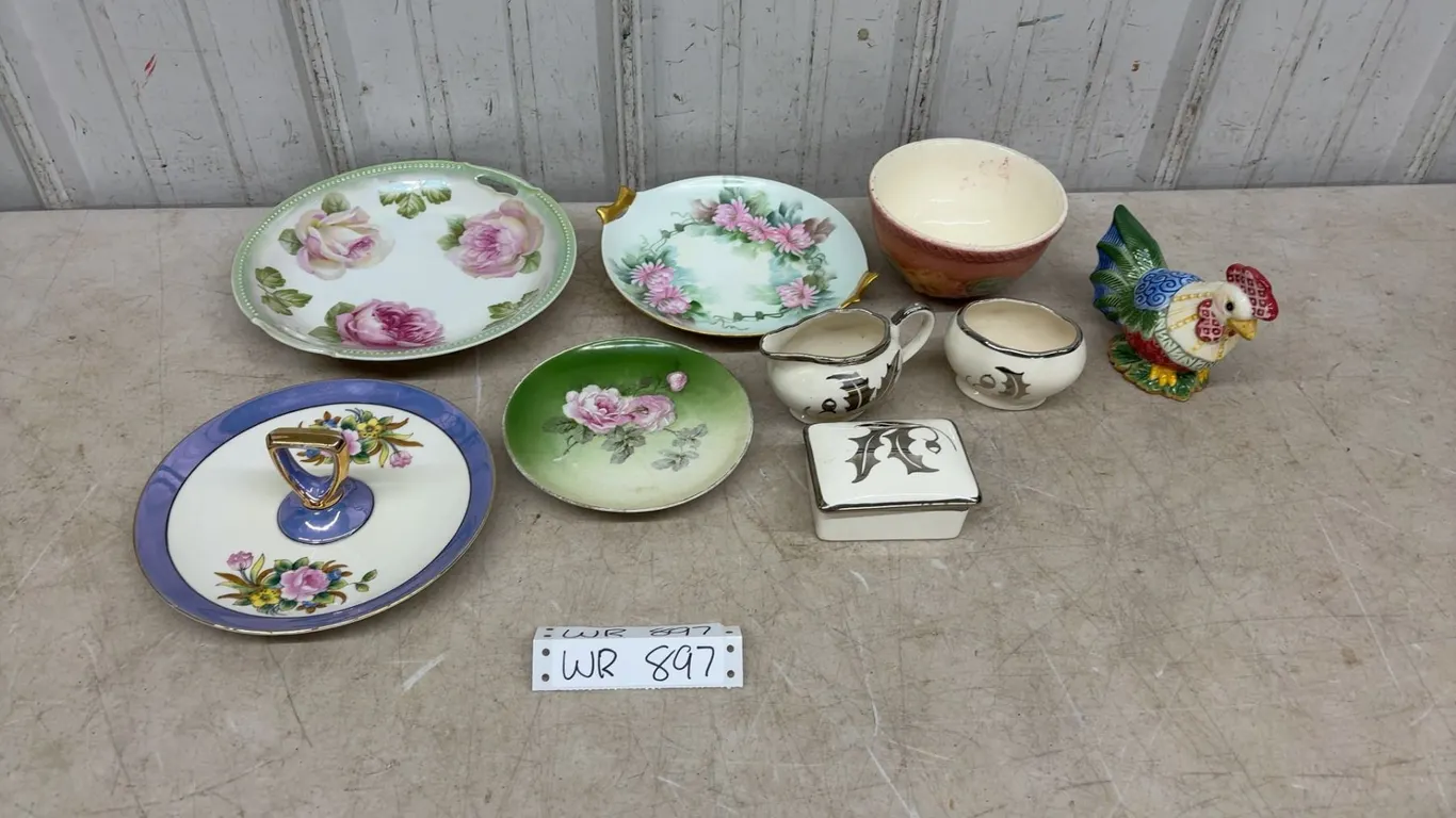 3 PCS Sandland Ware- Creamer/Sugar/Lided Box, Pink Floral Candy Bowl, Hand crafted Hen Salt and