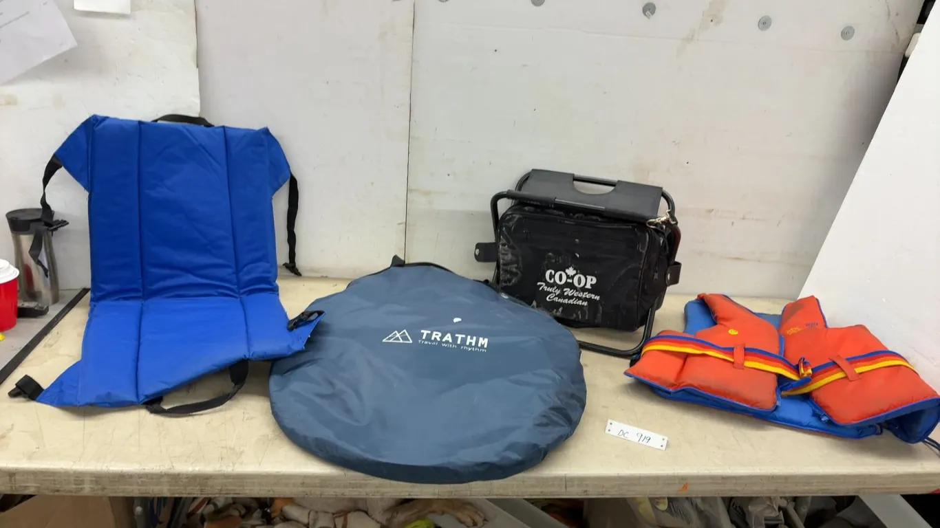 Stadium Seat, Trathm Pop-Up Shelter, Co-op Cooler Bag Chair, and Buoy Boy 960 Life Vest
