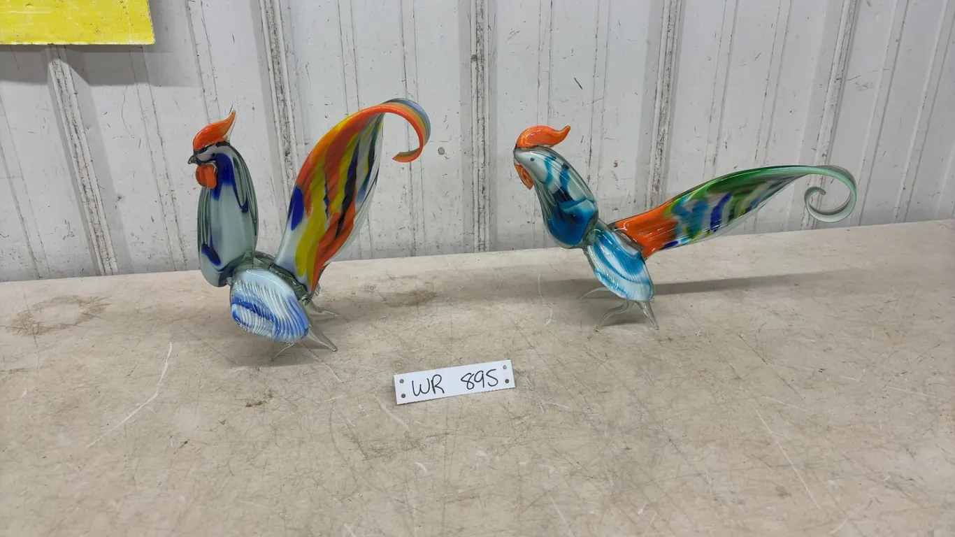 2 Hand Blown Glass Coloured Birds - 13” Wide x 9” Tall - 10” Tall x 6” Wide