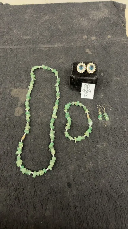 14k Gold Plates Cluster Earrings with faux Sapphire, and Jade Chip necklace with matching earrings