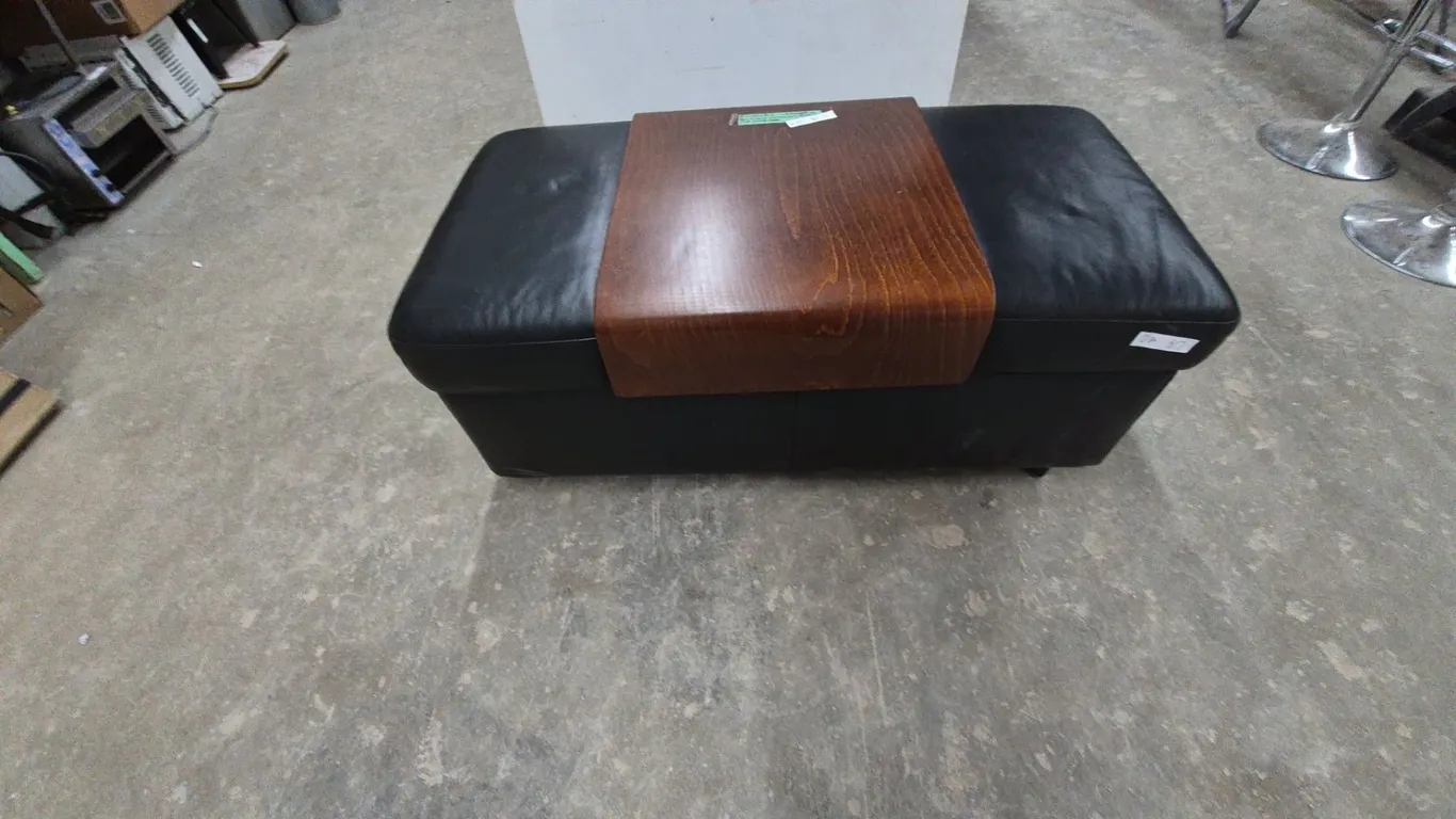 Ekornes Leather and Bentwood Ottoman, Extends for Storage, and Bentwood Tray