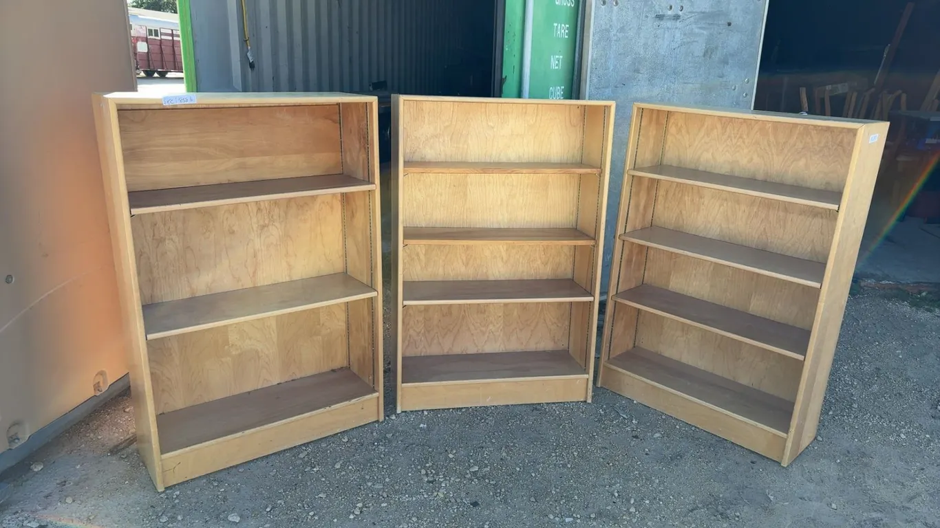 Three Light-Colored Plywood Bookshelves With Adjustable Shelves, 48 × 32 × 12”