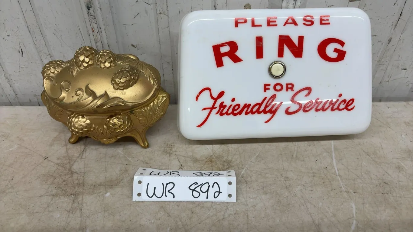 “Ring for Friendly Service” sign and Vintage Metal Ornate Footed Jewellery Trinket Box 4.5” High x