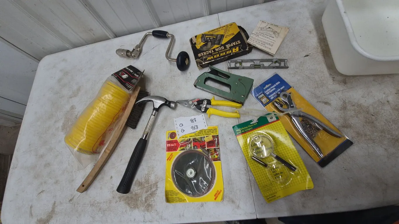 Assorted Hand Tools: Arrow Staple Gun Tacker, Hammer, Brace Drill, Snips