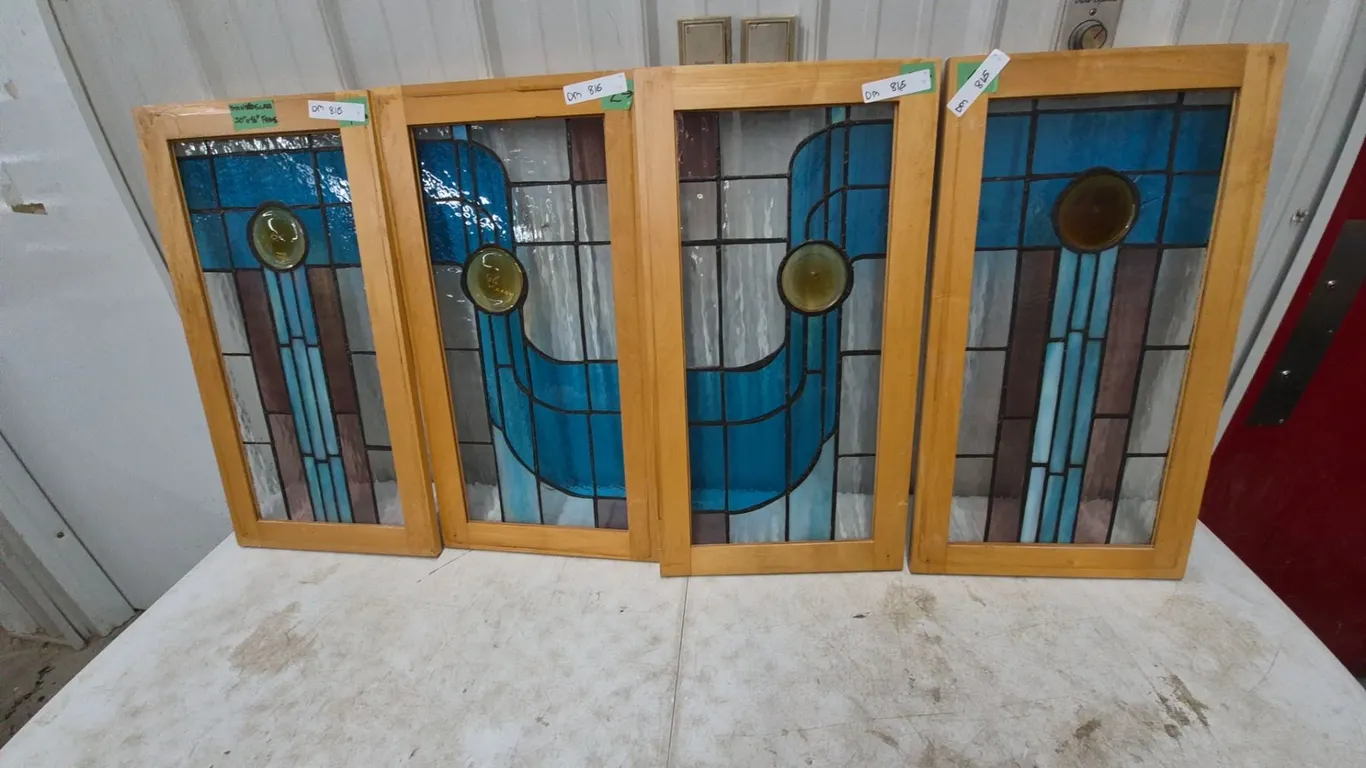 Four Stained Glass Panels in Wood Frames, 30” x 16” Frame