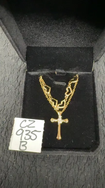 18K Gold Plated 23.0mm Simulated Diamond Hearts and Cross Double Necklace, 18”-20”