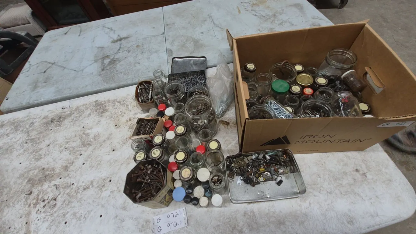 Assorted Hardware: 2 Boxes of Jars with Fasteners, Nails, and Screws
