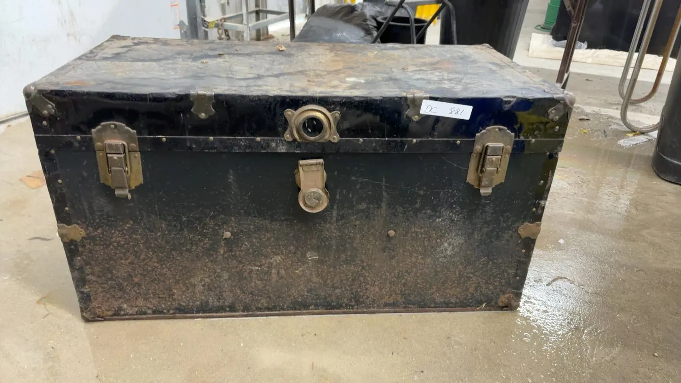 Vintage Early to Mid-20th Century Black Metal Steamer Trunk With Brass Hardware, 19 × 36 × 17 1/2”