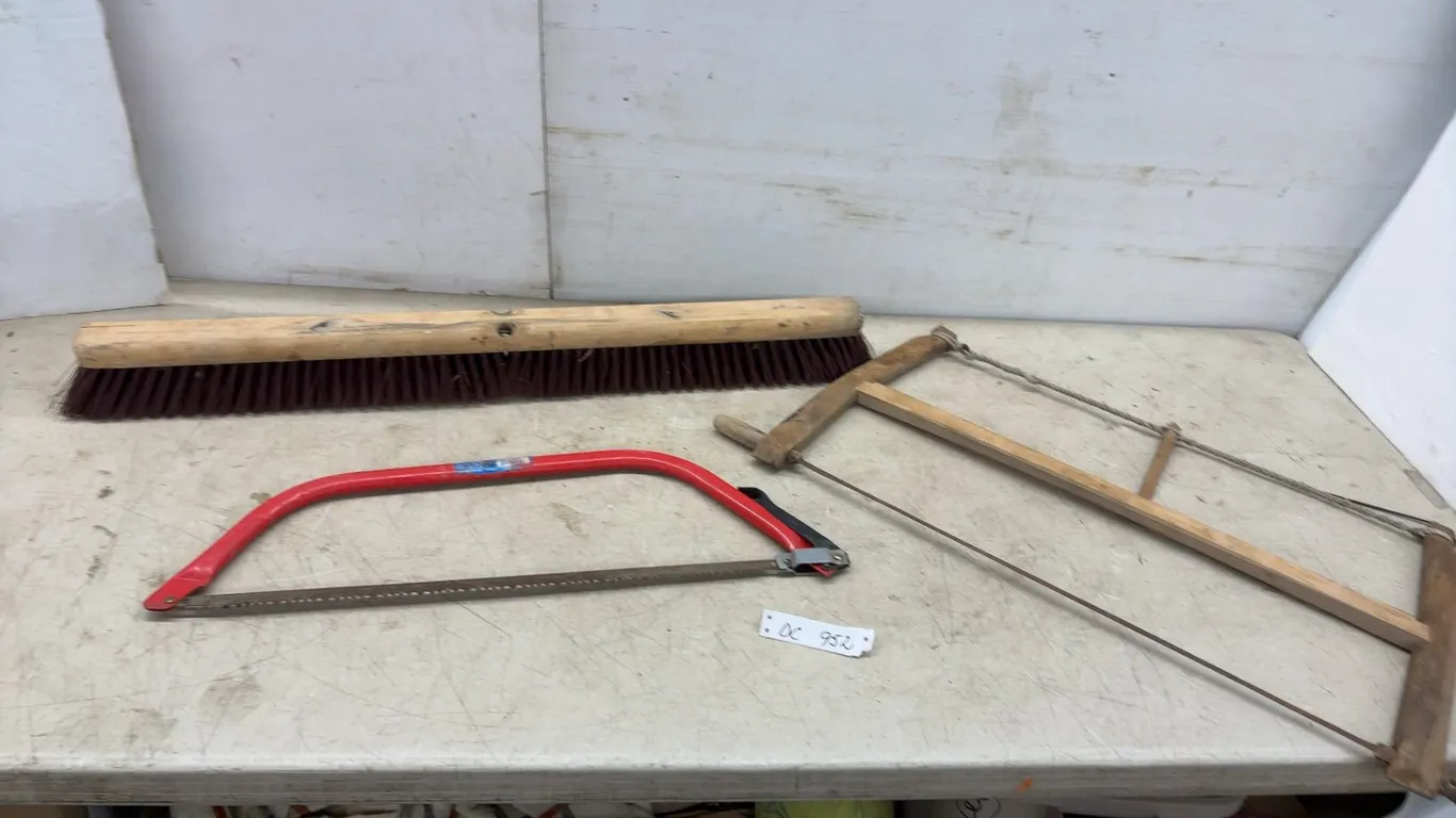 Bow Saw, Vintage Wooden Buck Saw and 36” Push Broom Head
