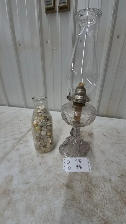 Vintage Glass Oil Lamp and Bottle of Assorted Buttons