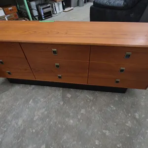 Mid-Century Modern Teak Dresser with 9 Drawers and Black Base 27”×72”×18”