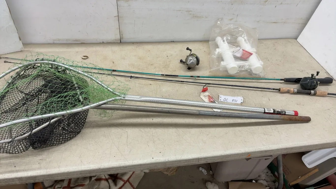Two Landing Nets, Rods, Zebco Reels, Rod Holder Rack