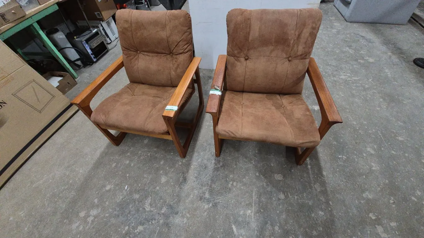 Pair of MCM Style Armchairs, Brown Suede-Like, Denmark Teak Frames