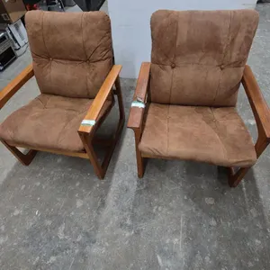 Pair of MCM Style Armchairs, Brown Suede-Like, Denmark Teak Frames