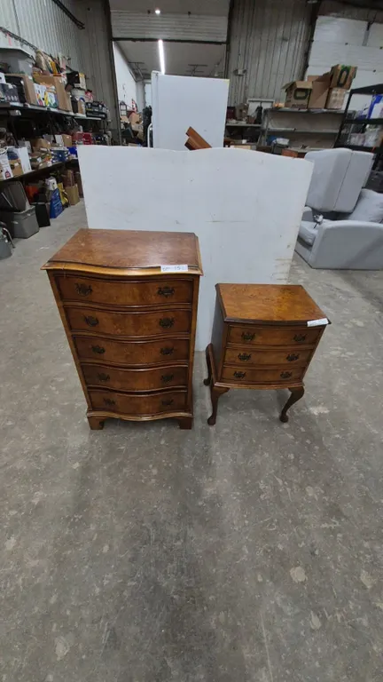 Pair of Antique-Style Burl Wood Chests: Tall 5-Drawer and Small 3-Drawer