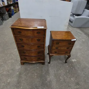 Pair of Antique-Style Burl Wood Chests: Tall 5-Drawer and Small 3-Drawer