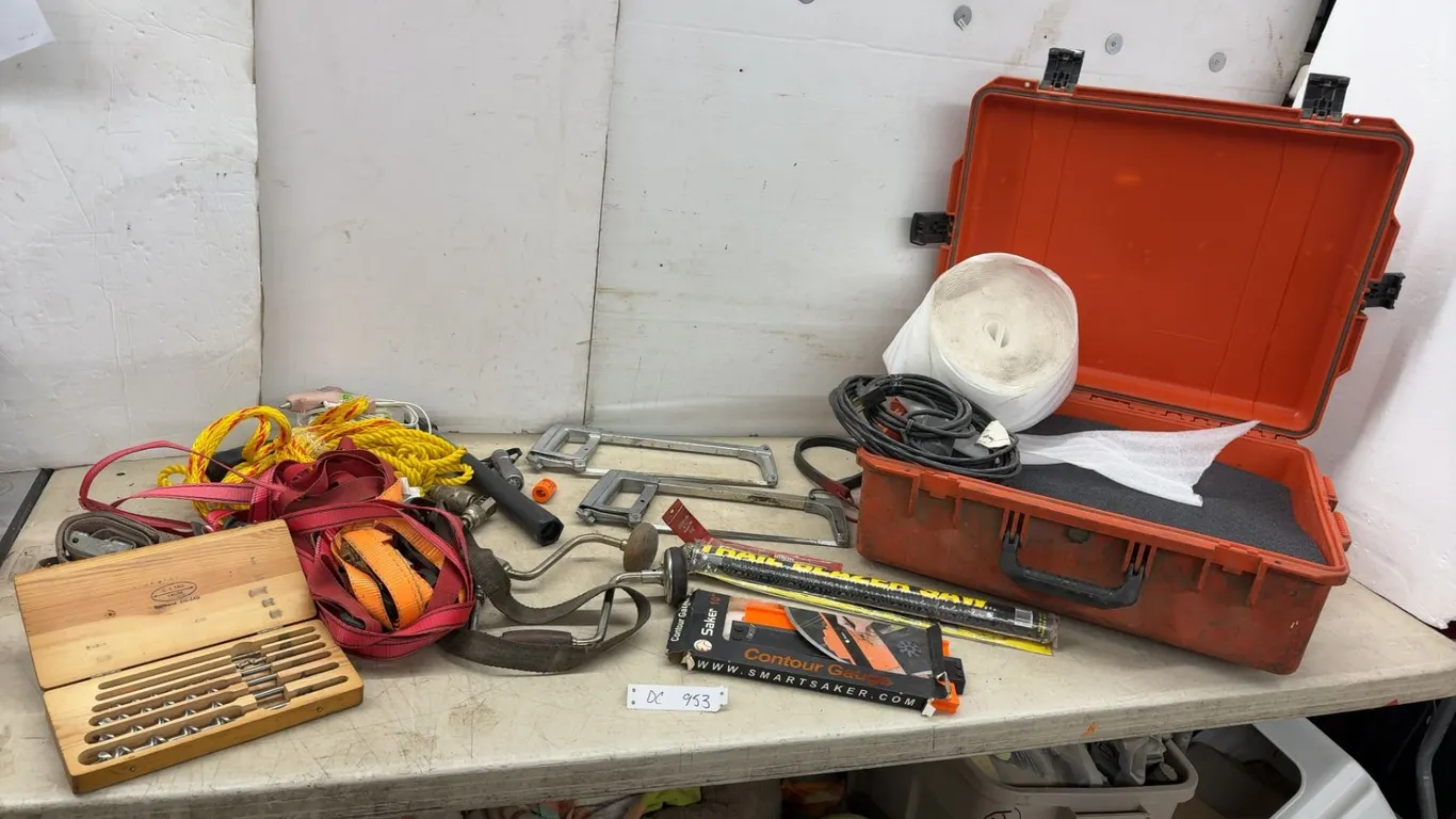 Manual Drills, Contour Gauge, Trail Blazer Saw, Auger Bit Set, Pelican Case, Ratchet Straps