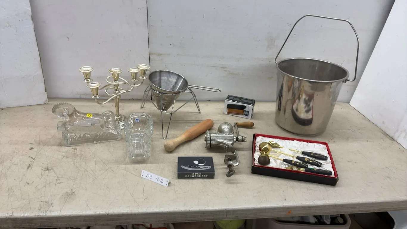 Vintage Harper No. 61 Cast Iron Hand-Crank Meat Grinder, Candelabra, Bar Set, Stainless Pail