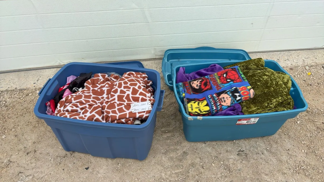 Two Totes Filled with Fabric, Costumes, Spider-Man Print and More Assorted Textiles