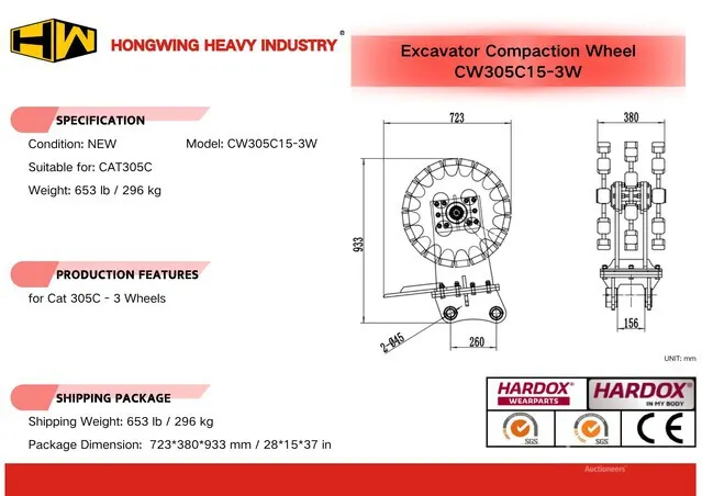 2026 HW CW30515-3W 15 in Excavator Compaction Wheel - Fits Cat 305C (Unused)