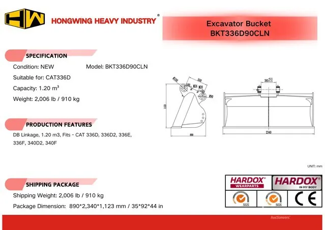 2026 HW BKT336D90CLN 90 in 1.20 m3 Cleanup Excavator Bucket - Fits Cat 336D (Unused)