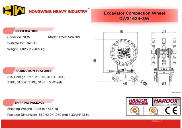 2026 HW CW31524-3W 24 in Excavator Compaction Wheel - Fits Cat 315 (Unused)