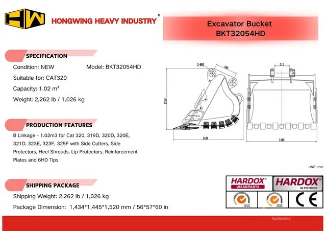 2026 HW BKT32054HD 54 in 1.02 m3 Digging Excavator Bucket - Fits Cat 320 (Unused)