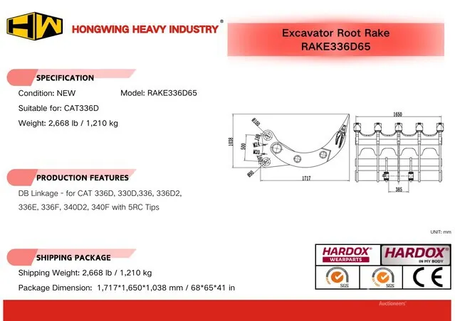 2026 HW RAKE336D65 65 in Excavator Rake - Fits Cat 336D (Unused)