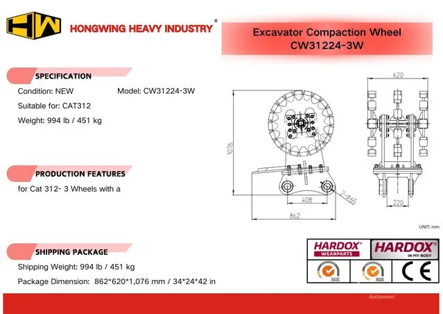2026 HW CW31224-3W 24 in Excavator Compaction Wheel - Fits Cat 312 (Unused)