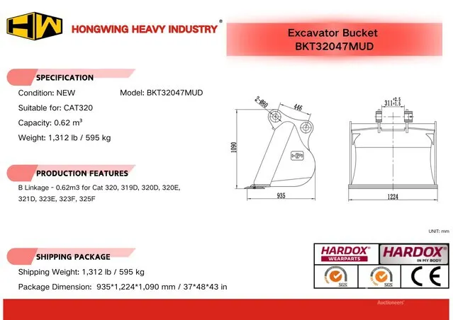 2026 HW BKT32047MUD 47 in 0.62 m3 Cleanup Excavator Bucket - Fits Cat 320 (Unused)