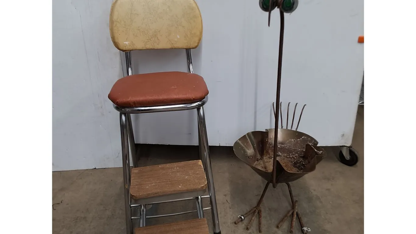 * Step Stool Chair - 34" High, Metal 'Bird' Planter - 41" High - Cannot Ship