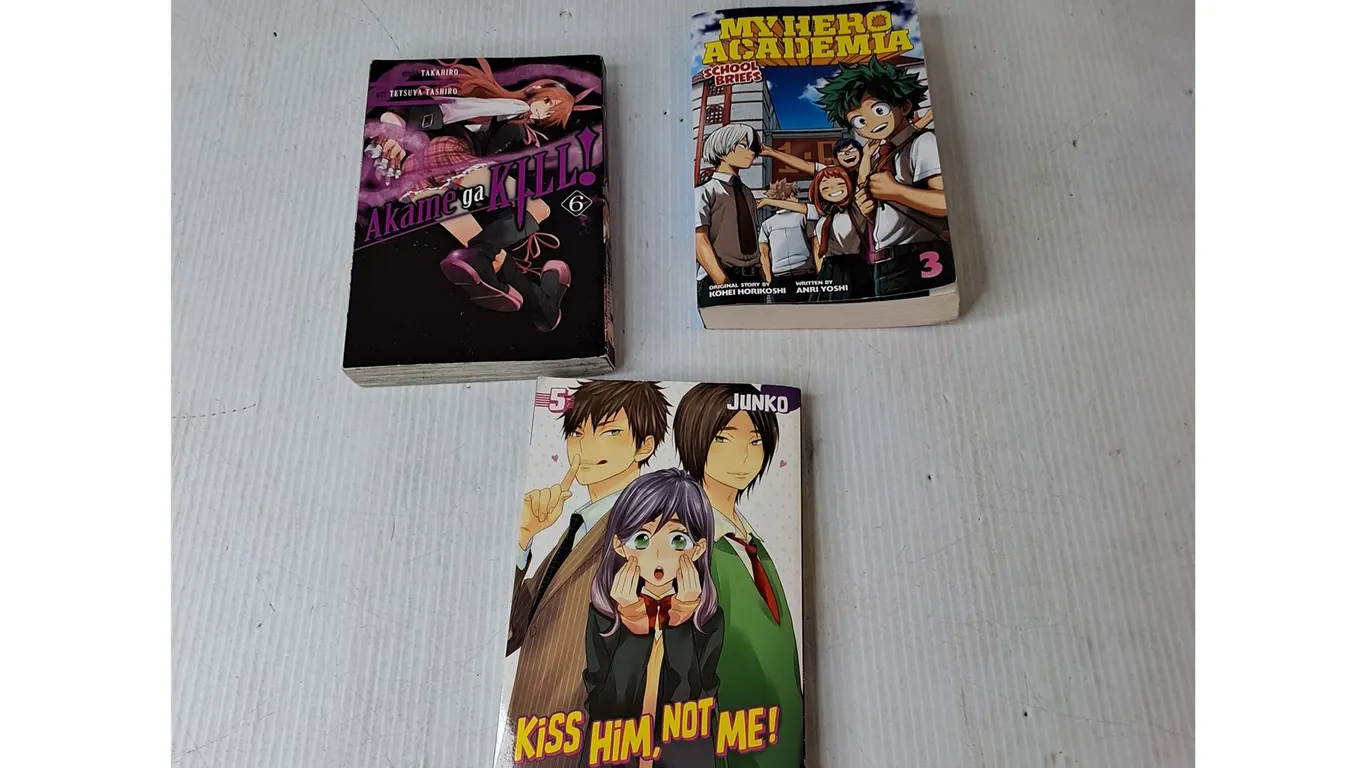 (3) Books; Kiss Him Not Me, My Hero Academy, Akame Ga Kill