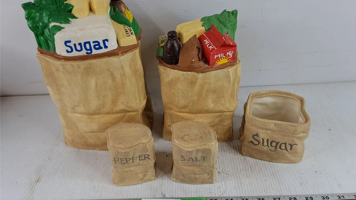Vintage Ceramic Kitchen Canister Set w/Salt & Pepper Shakers
