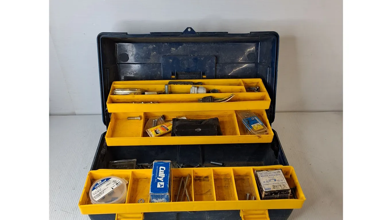 Tool Box With Extendable Shelves Filled With Miscellaneous Shop Supplies