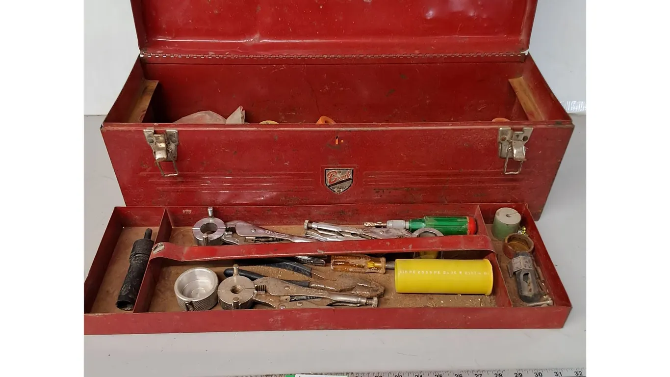 Classic Vintage Red Metal Cantilever Tool Box With Various Tools 26"X9"X10" ( cannot ship)