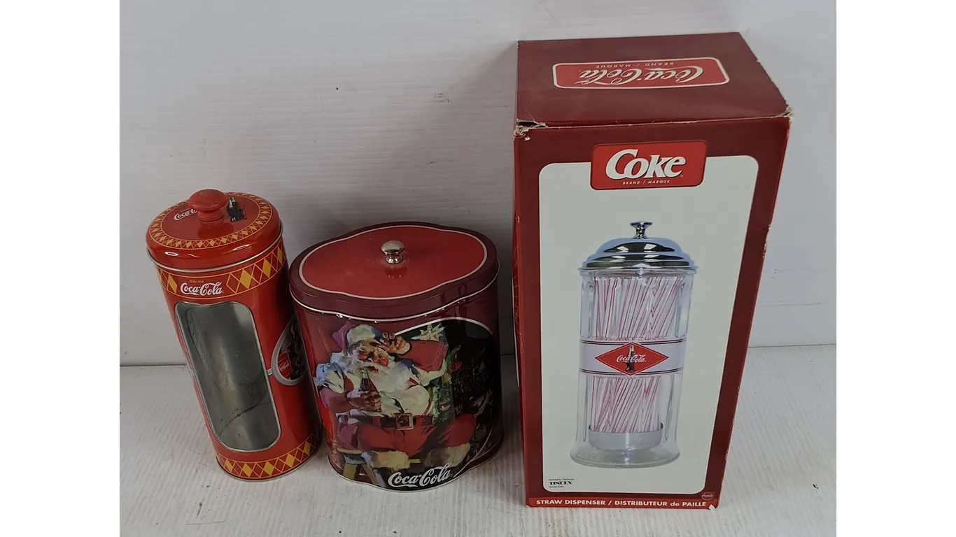 Coca Cola Tin Cans & Straw Dispenser