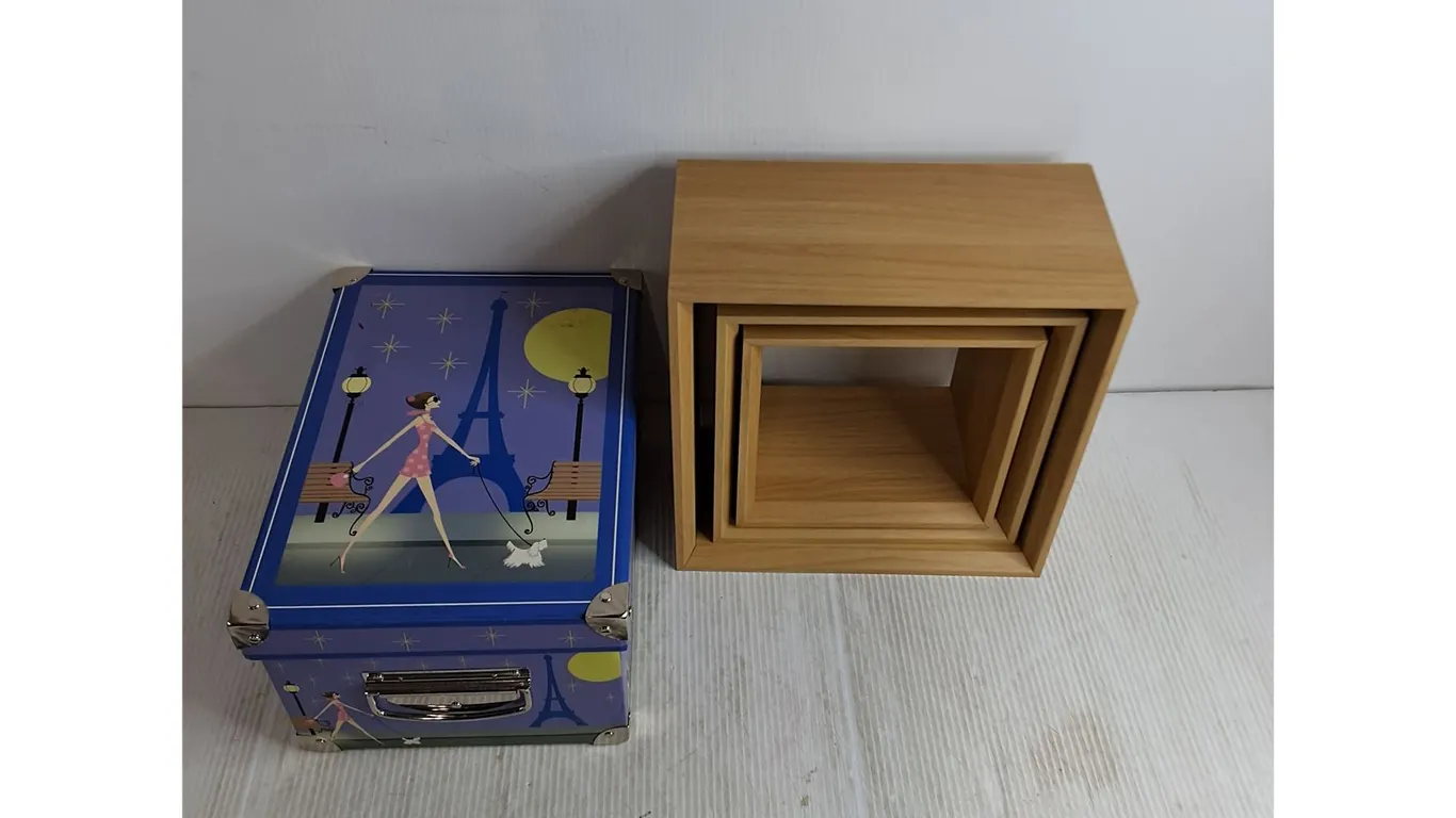 Set of 3 Shadow Box Shelves (12",9.5",8"), Paris Themed Storage Bin - 9.5x13x7"