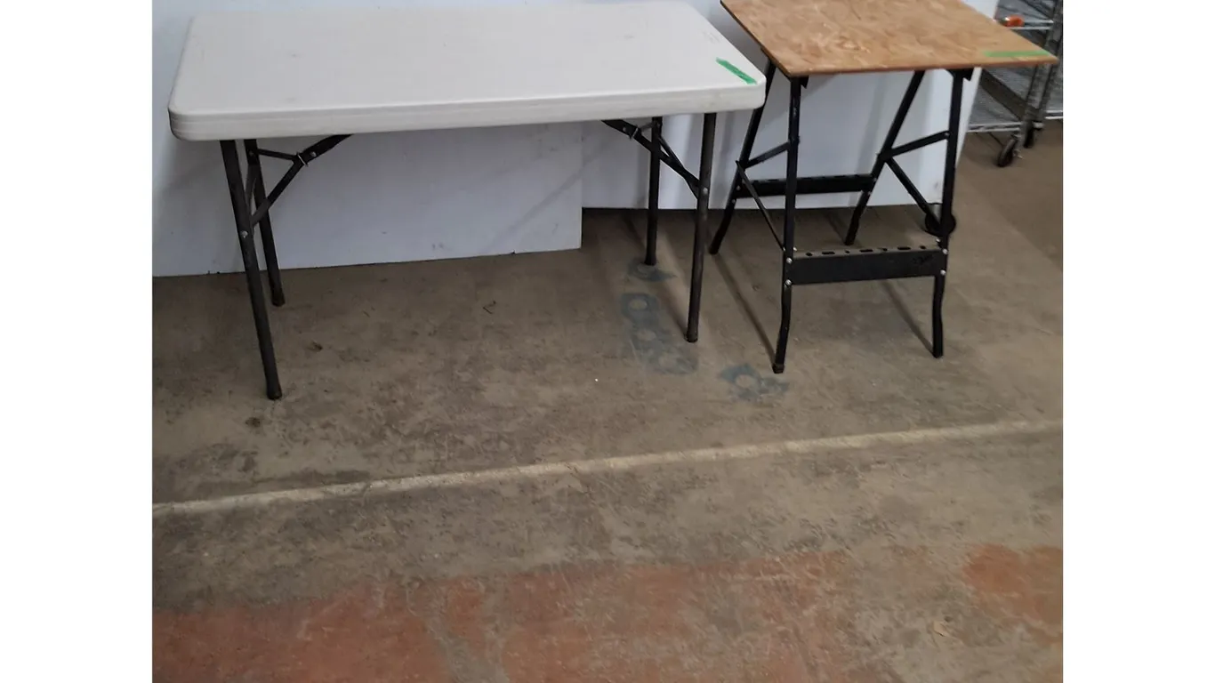 (2) Tables (Lifetime 4' Folding, Sawhorse w/Plywood Top) - Cannot Ship