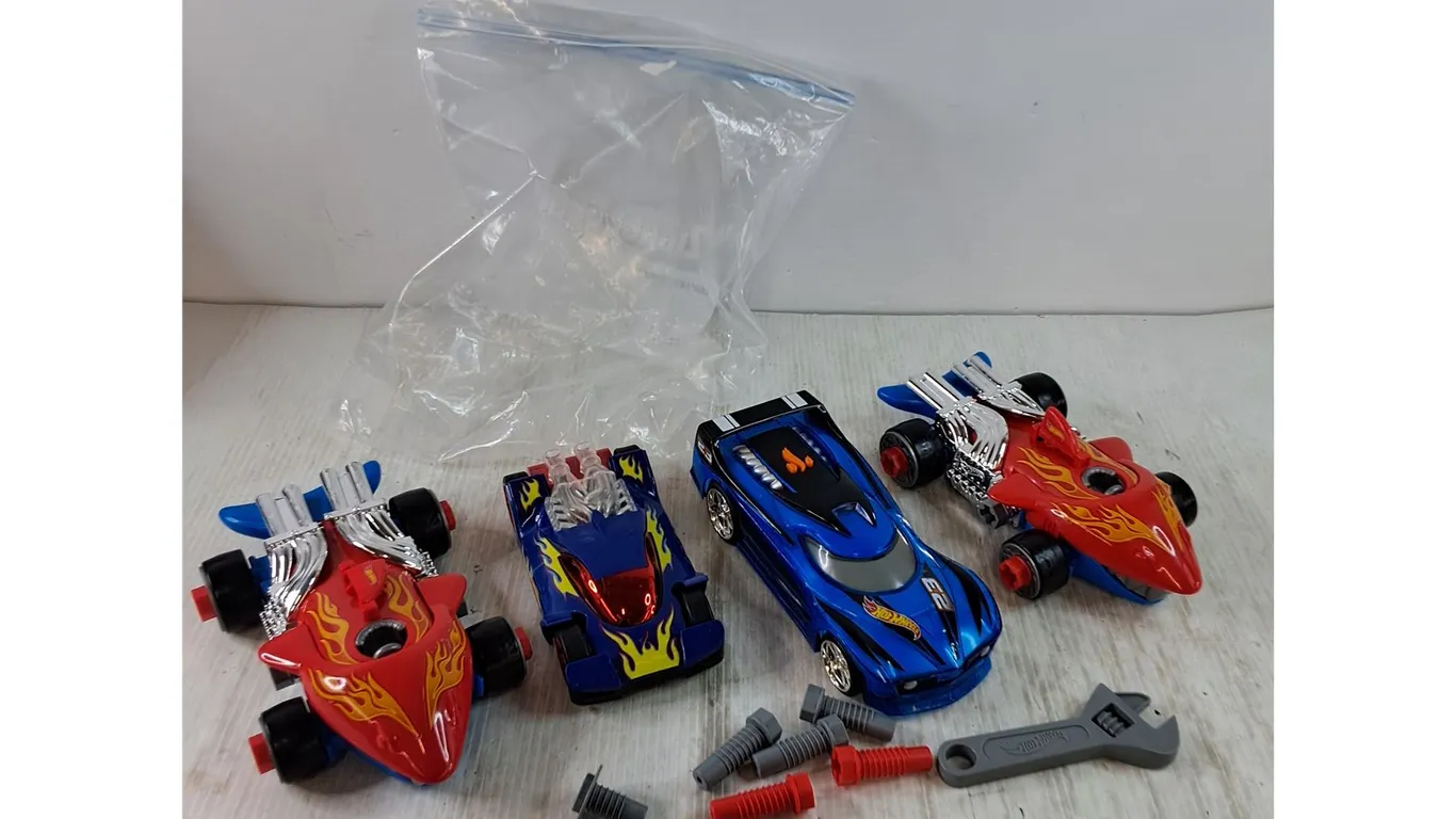(4) Large Hot Wheels Cars with Toy Wrench & Bolts