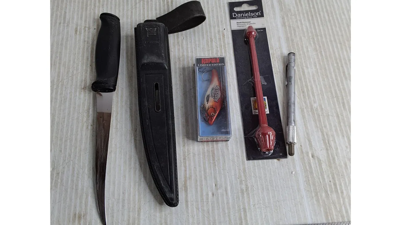 Fiskars Fillet Knife & Sheath, Rapala Lure, Hook Remover, Misc.