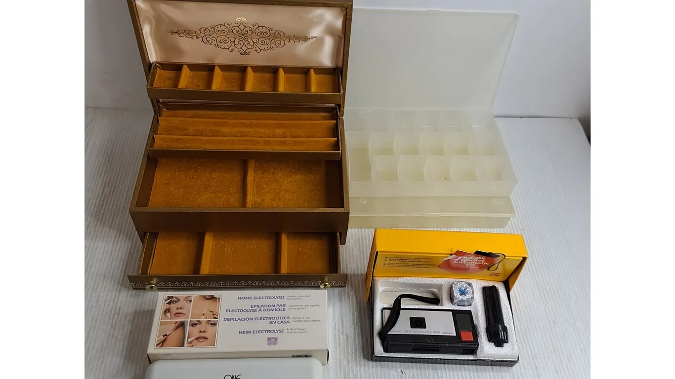 Jewelry Box, Home Electrolysis Kit, Vintage Kodak Instamatic Camera, Small Parts Boxes