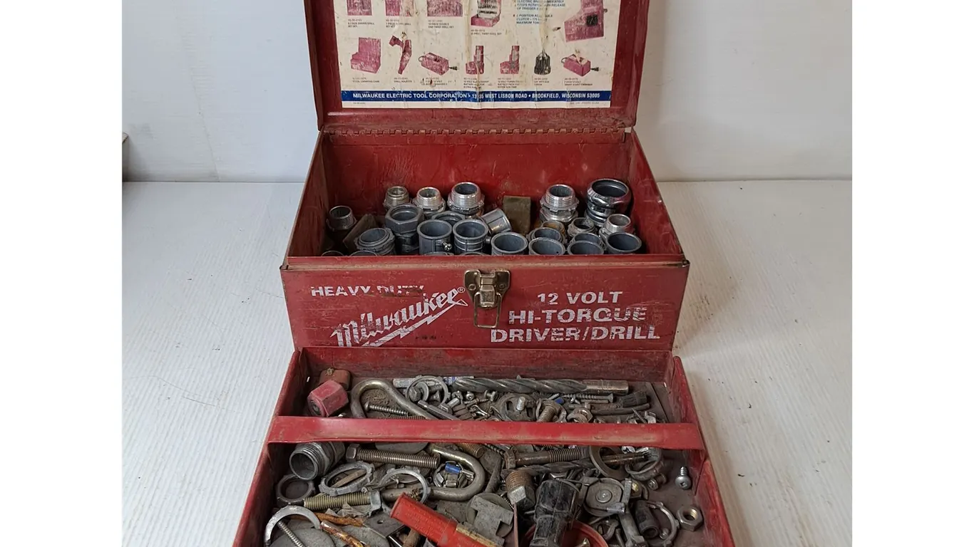 Red Metal Tool Box With Bits, Washer, Screwdrivers, Misc 13"x10"x6" ( cannot ship)