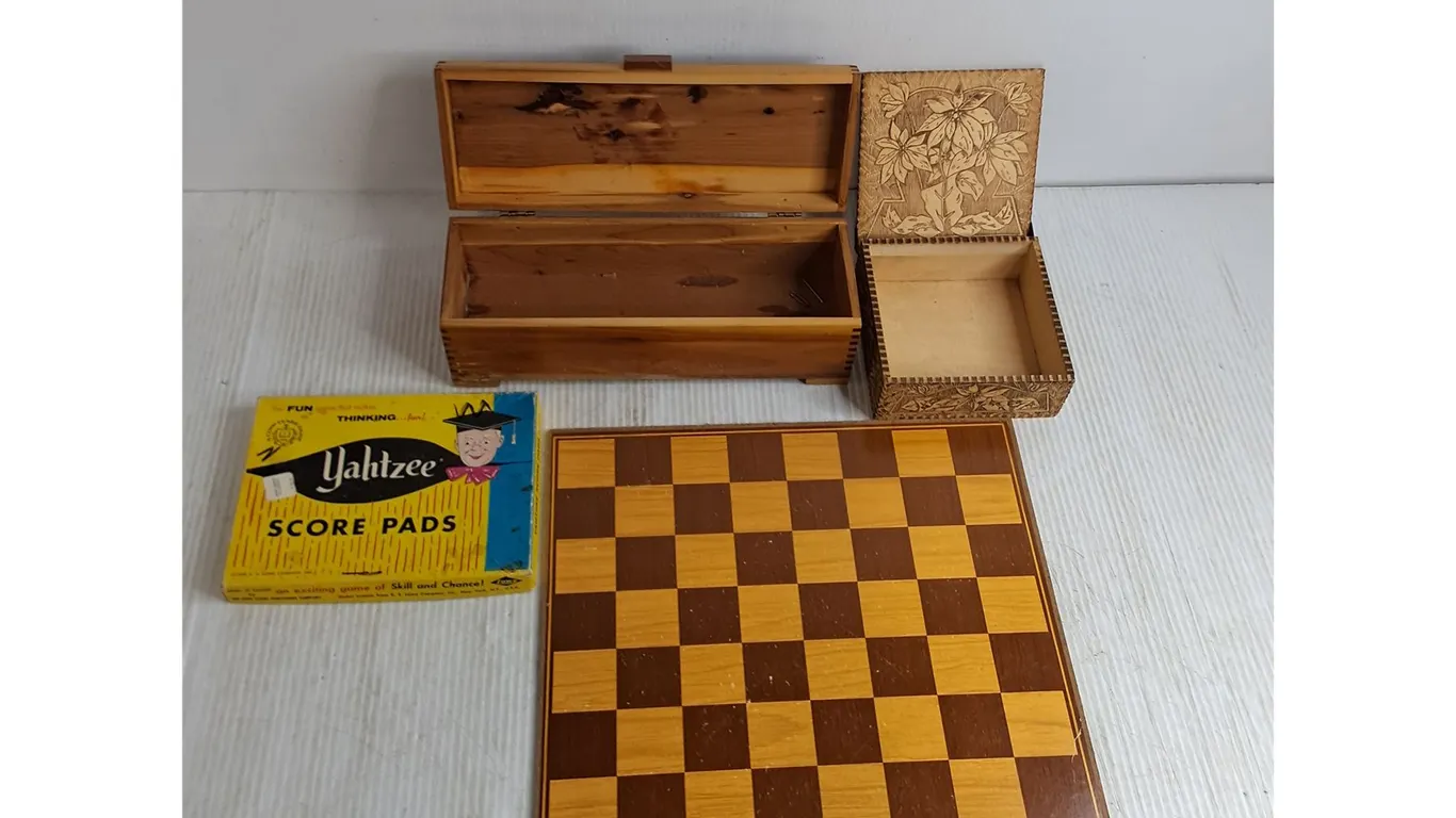 Wooden Storage Boxes, Yahtzee Score Pads, Chess/Checker Board