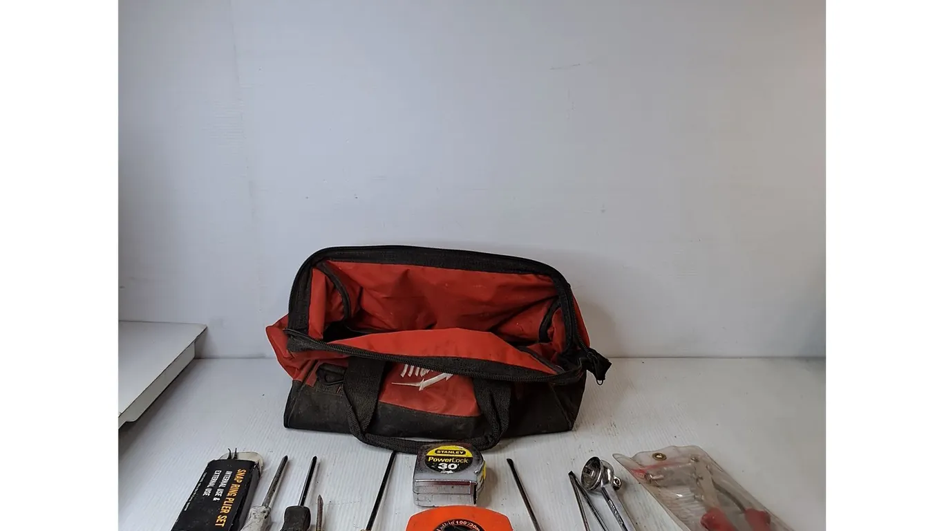 Red Milwaukee Tool Bag; Screwdrivers, Tape Measures, Misc