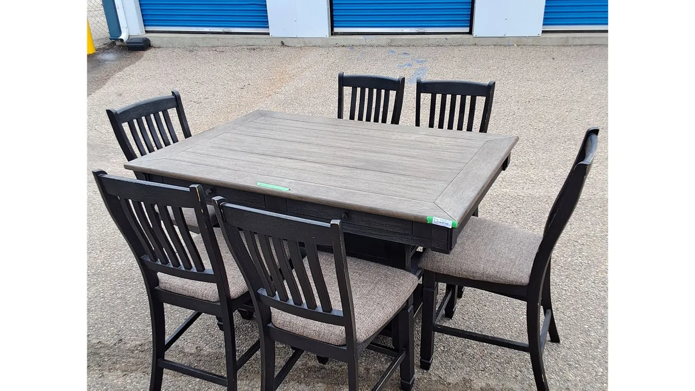 ~Black Wooden Table with Drawers in Top, Shelving On Bottom And (6) Padded Chairs No Shipping