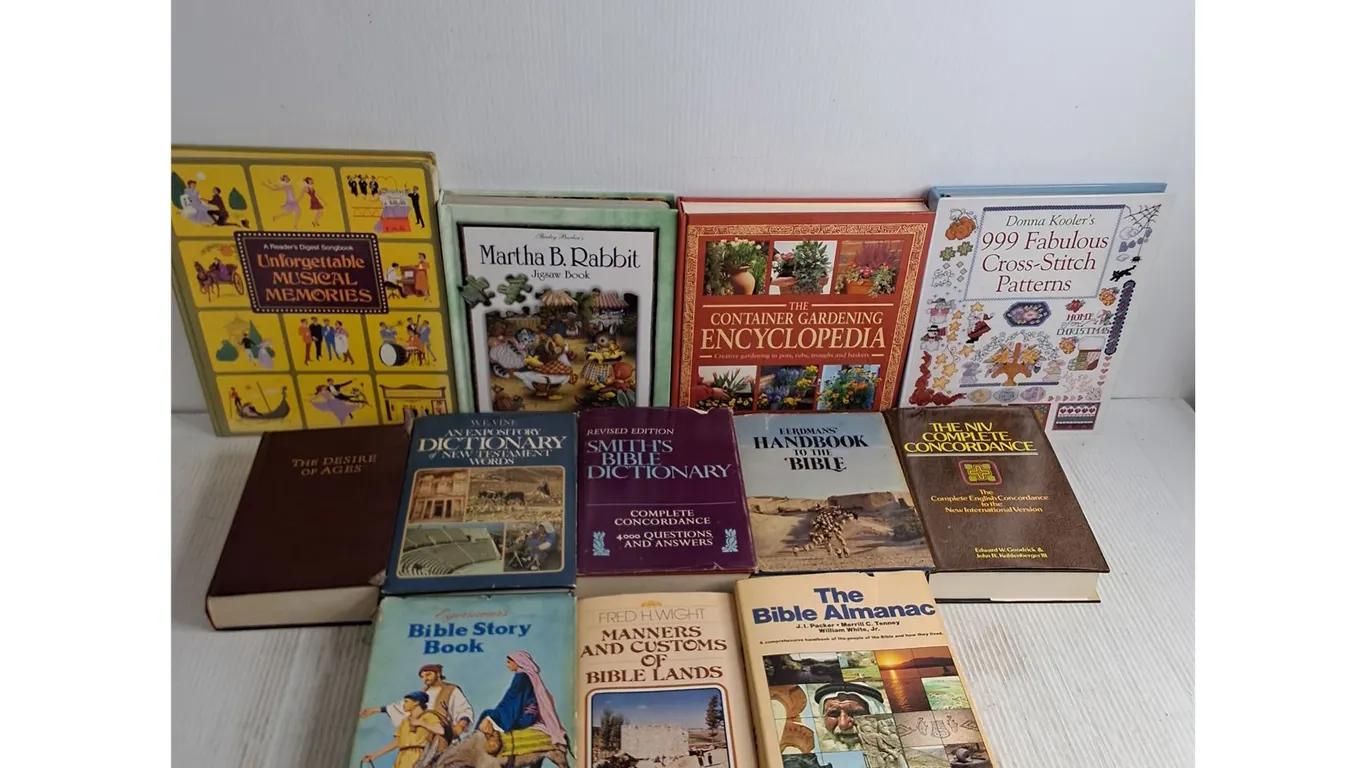 (12) Hard Cover Books - Bible, Jigsaw, Cross-Stitch, Container Gardening