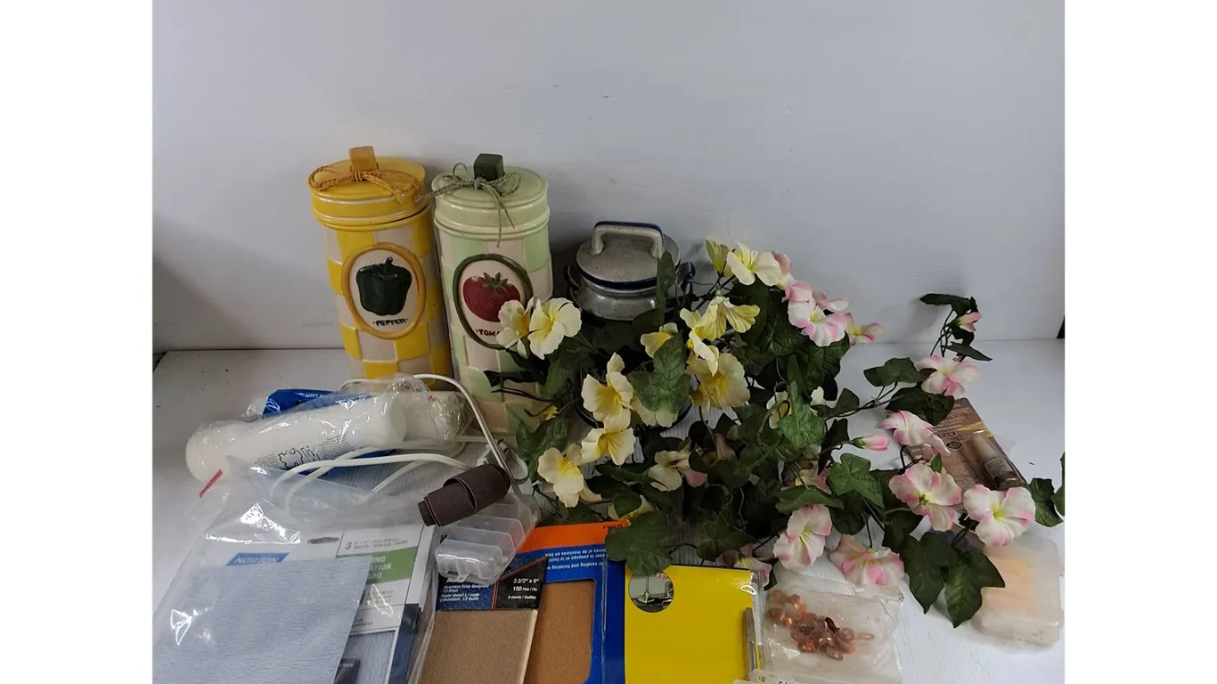 Sanding Papers, Faux Flowers, Kitchen Ceramic Canisters, Paint Rollers, Misc